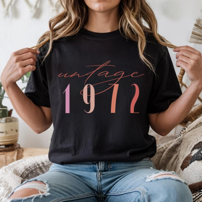 Vintage 1972 Print Ladies T-Shirts Retro 50th Birthday Tee Clothes Born in 1970 To 1979 Shirts for Women Summer Short-sleeve Top