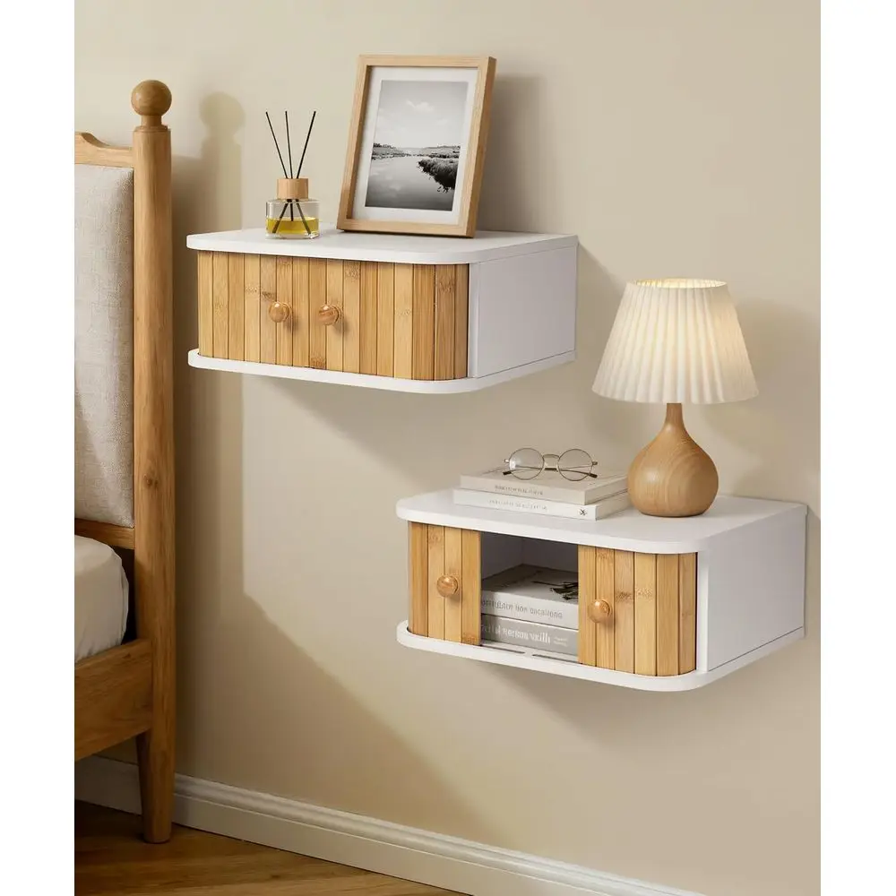 

White Nightstand Duo for Bohemian Style, Wall-Mounted Shelving, Bamboo Natural Wood, Ideal for Small Spaces and Bedroom Decor