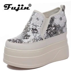 Fujin 13cm New Air Mesh piattaforma sintetica Wedge Summer Slip on Flats Chunky Sneaker Casual Bling Leather comode scarpe di marca alta