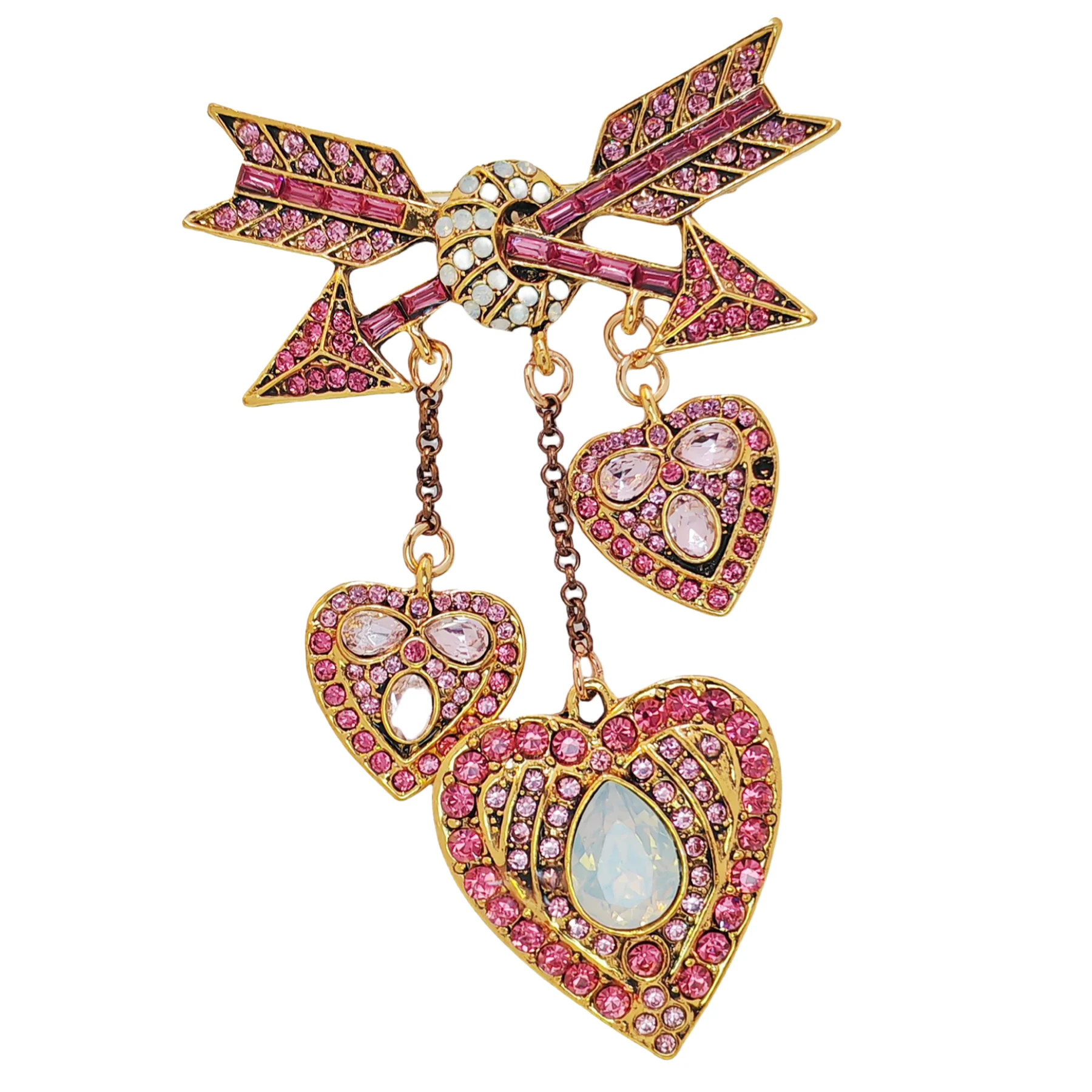 

Vintage Statement Pink Cupid Arrow & Trio Heart Drop Brooch Pin