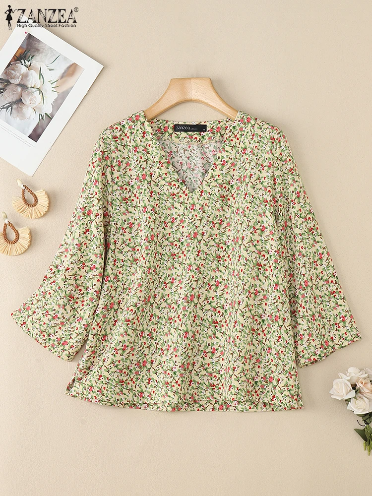 2025ZANZEA Herfst Gedrukt Blouses Vrouwen V-hals 3/4 Mouw Tops Casual Vakantie Shirt Losse Chemise Vrouwelijke Bloemen Tuniek Mujer