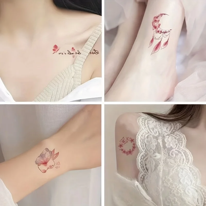 30pcs/lot Butterfly Fake Temporary Tattoo Women Girls Summer Small Flower Moon Rabbit Tattoos Sticker Decal Chest Wrist Clavicle