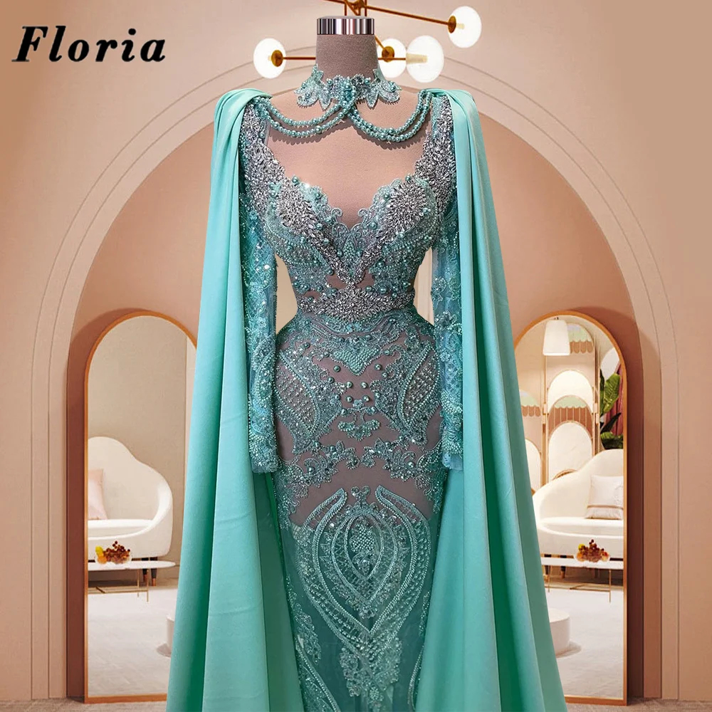 Middle East Long Sleeves Beaded Prom Dresses Custom Made Crystals Evening Dress Elegant Dubai Mermaid Wedding Party Gowns Robes