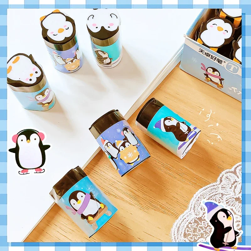 Borrador de lápiz rebanable con forma de pingüino lindo, suministros Kawaii para estudiantes, papelería escolar, suministros de oficina, regalo para