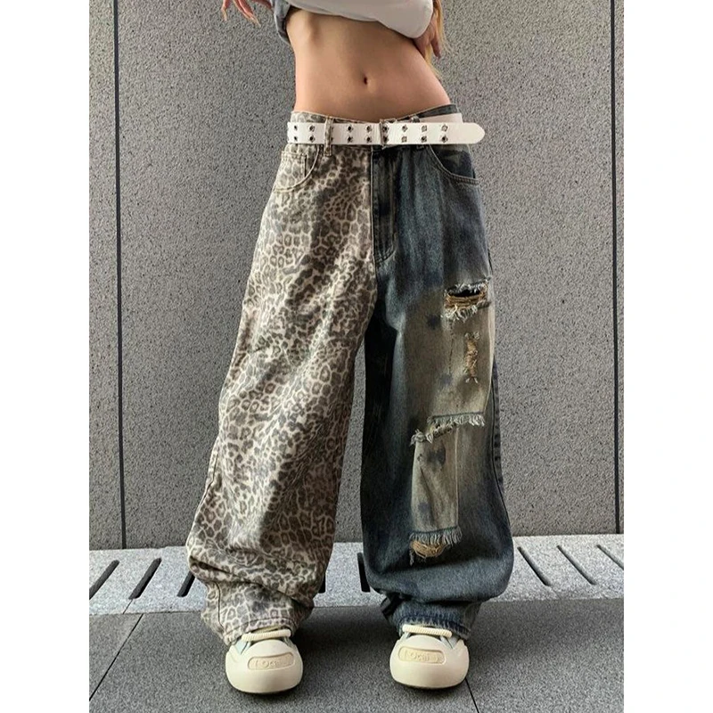 ZHIZOU Baggy-Jeans für Damen, Y2k, japanisch, amerikanisch, Retro, zerrissen, Leopardenmuster, Denim-Hose, Grunge, Harajuku, Hip-Pop, Cowboy, breite Passform