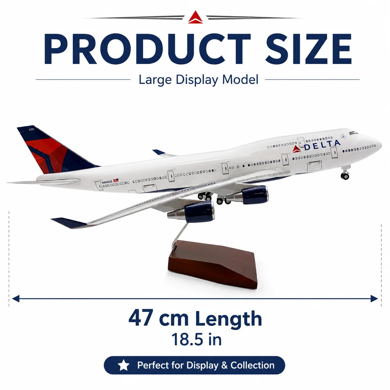 B747 Delta Air Lines Passenger Plane 47cm Die-Cast Resin 1/150 Scale Model Ornament with Wheels Suitable for Display or as a Gif