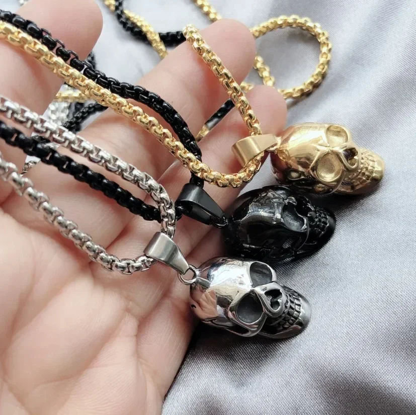 Fashion Punk Skull Pendant Men\'s Necklace Gold Black Silver Color Chain Link 20Inch Necklaces Cool Male Jewelry