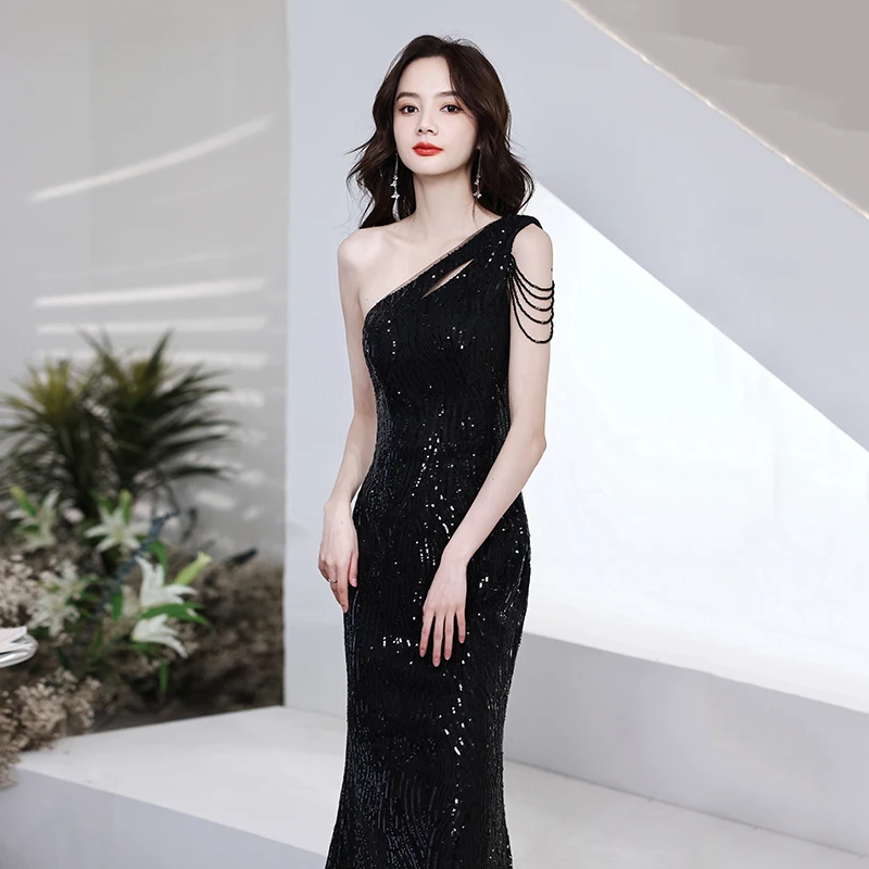 

Ele Bla Single-oulder Evening Gown Women's Faion Heavy Tassel High-End Luxury Small ence Banquet High-End Par