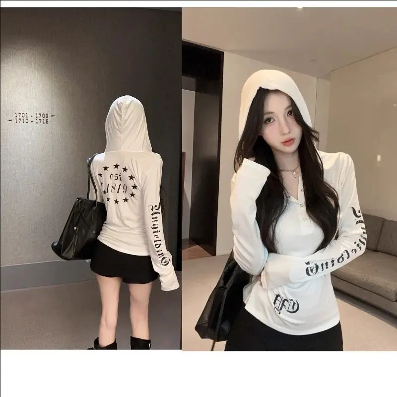 Y2k Gothic Aesthetic Hooded Sweatshirt Long Sleeve Hoodie Women's Grunge Slim T-Shirt Trendy Vintage Harajuku Hoodies Tshirt