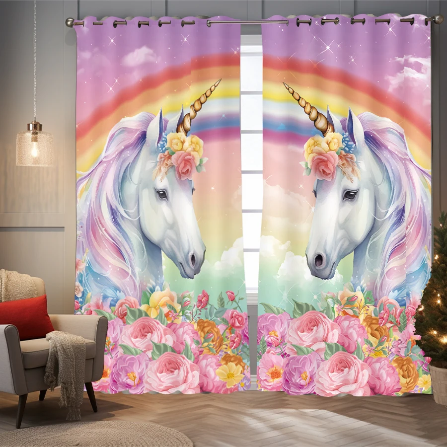 Pink Unicorn Rainbow Blackout Curtains Thermal Insulated Curtains for Bedroom Living Room Balcony 2PCS Total Privacy Decoration