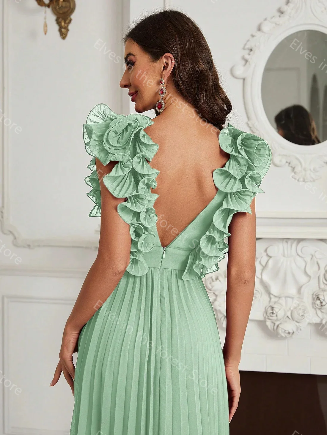 Vestidos de Noche de línea A vintage para mujer, vestidos de fiesta de gasa sin mangas con volantes, cuello en V Sexy, vestidos formales para invitados de boda de celebridades