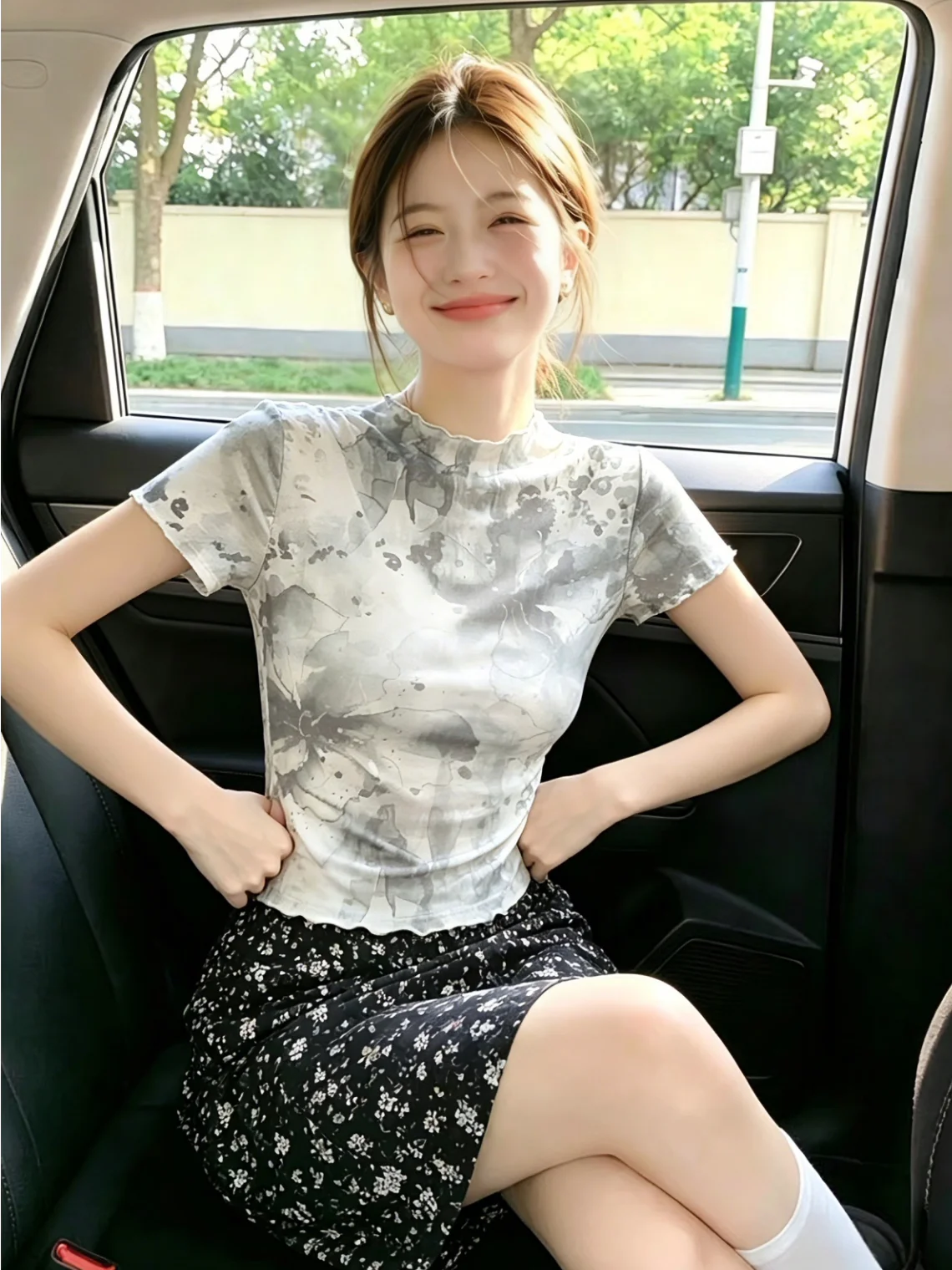 

Summer New Design Short Sleeve T-Shirt Women's Korean Style Printed Mesh Print Blouse Commute Straight Cut Regular Length