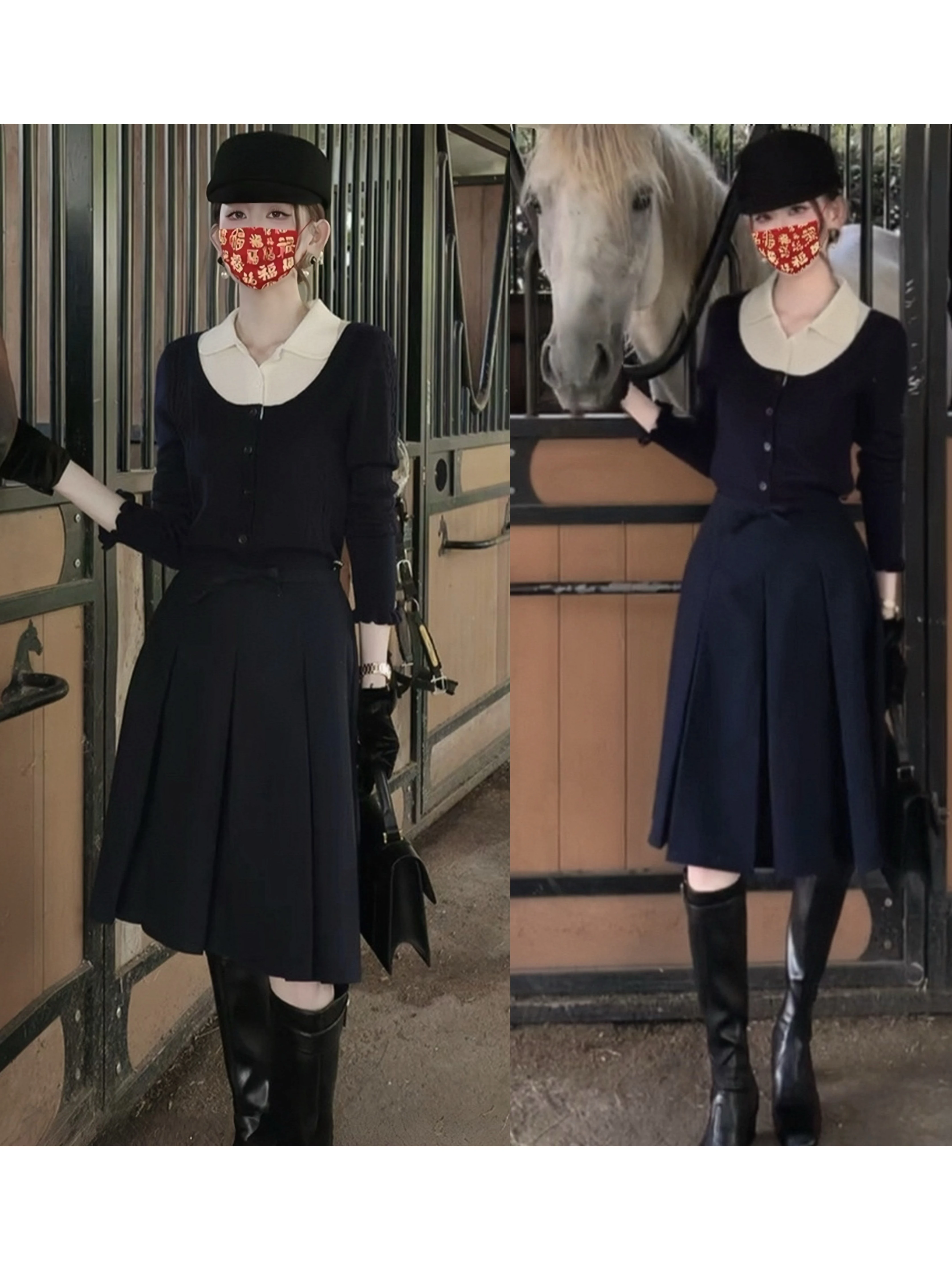 plus Size Knitted Two-Piece Set with Color Block Skirt for Women Autumn Fashion High Waist Pure Color Long Sleeve High Quality