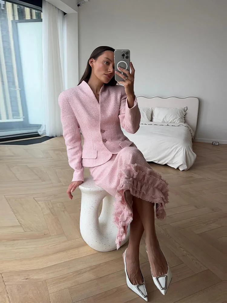 Women Skirt Set Curved Neck Coat Tweed Blazer Maxi Skirts Ruffle Hem Elegant 2-Piece Outfit Spring New Wear Woman Clothes