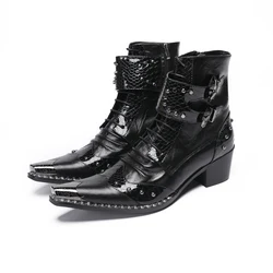 Punk Red Leather Ankle Boots Man 4.5cm High Heels Men's Boots Straps Zip Pointed Iron Toe Golden Party Footwear!