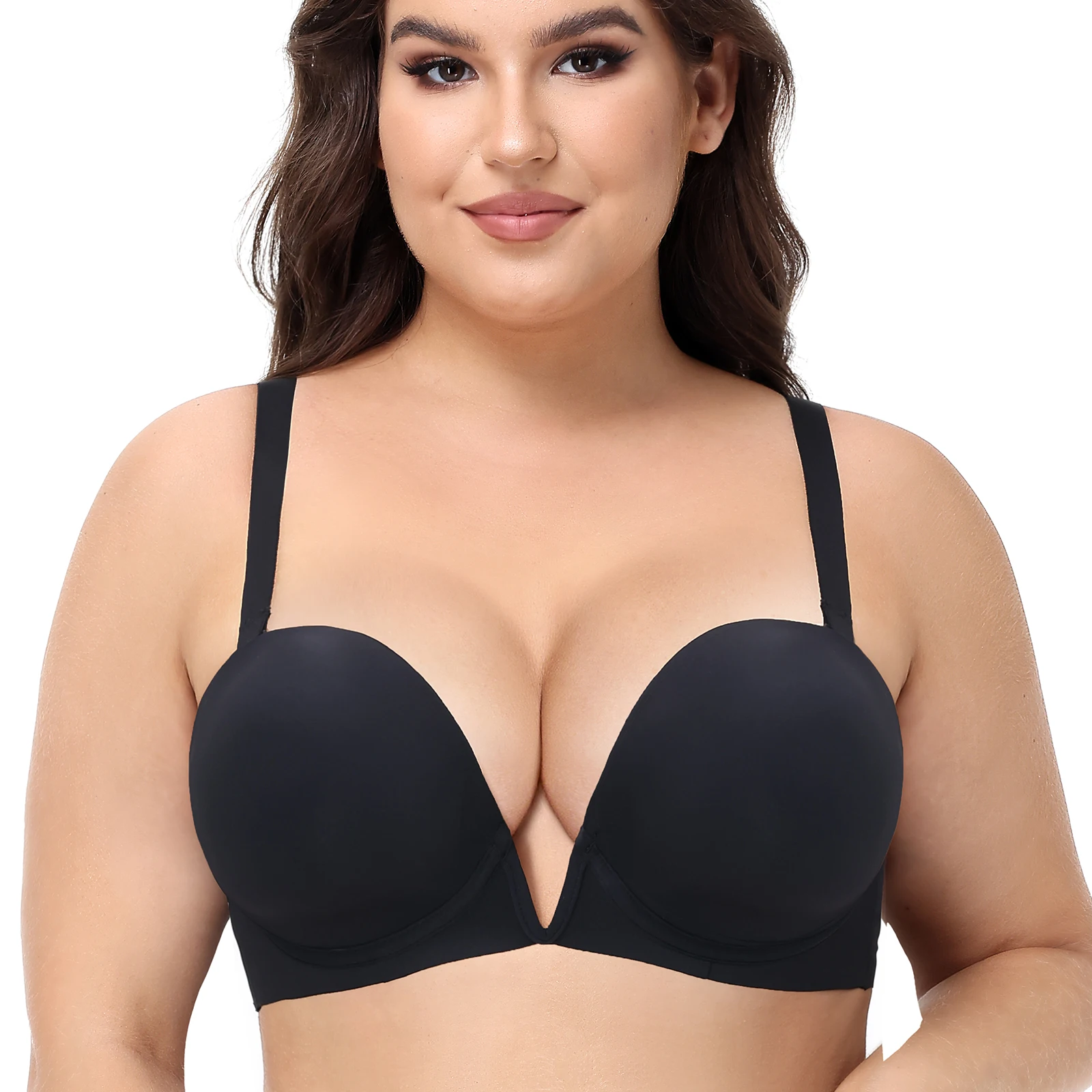 

New Sexy Women Plunge Bra Unpadded Push Up Bras Deep V Cups B C D E F G Adjusted Convertible Straps