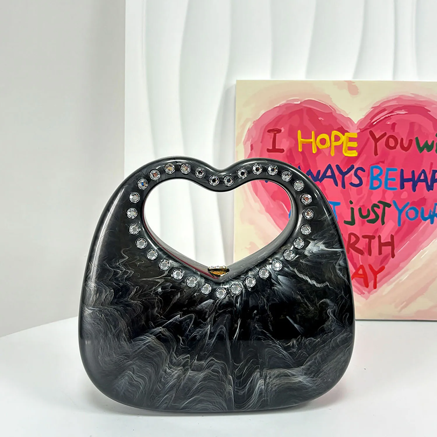 Woman Loving Heart Acrylic Clutch Purse Luxury Crystal Evening Dress Handbags Handle Stone Patterned Shell Chain Shoulder Bag
