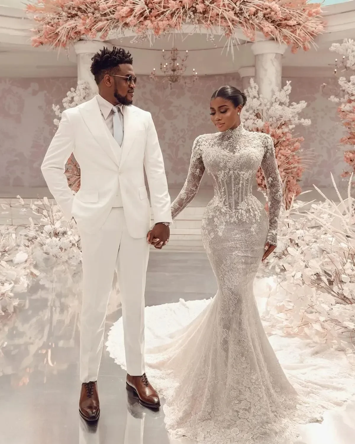 로얄 이슬람 높은 목 웨딩 드레스 우아한 긴 소매 레이스 인어 신부 가운 패션 스윕 기차 신부 드레스 맞춤형