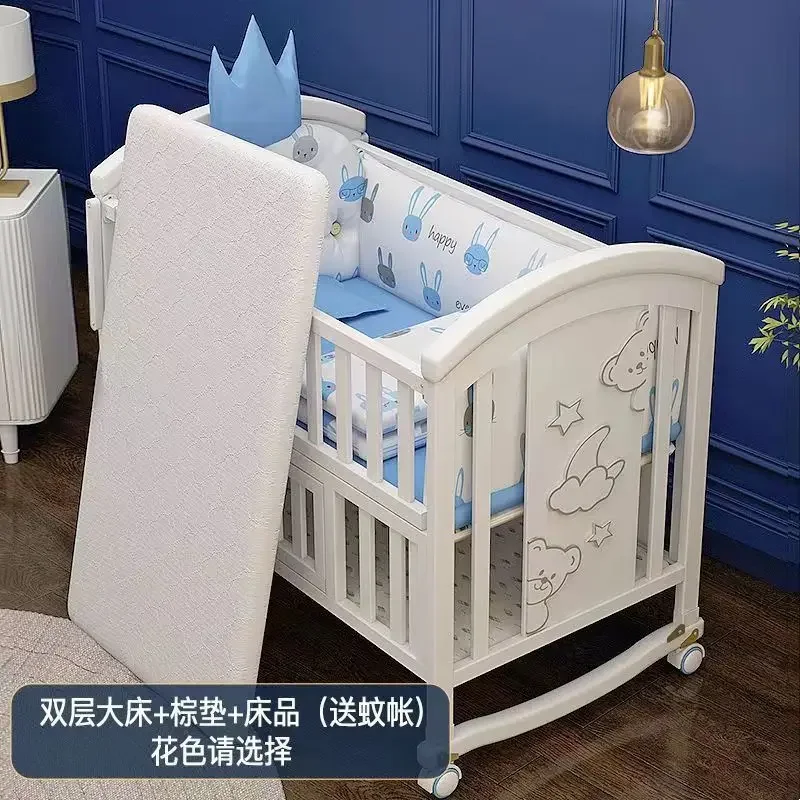 Baby Crib Multifunctional BB Baby Bed Solid Wood Unpainted Rocking Bed for Newborns, Movable Children's Spliced Large Bed