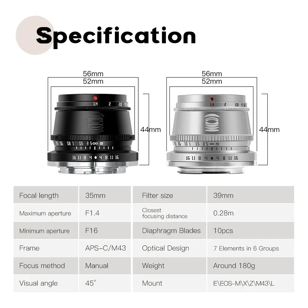 TTArtisan 35mm F1.4 APS-C Prime Lens for Sony E Mount Fujifilm XF Canon M Leica L Nikon Z Panasonic Olympus M43 Camera Lens - Image 2