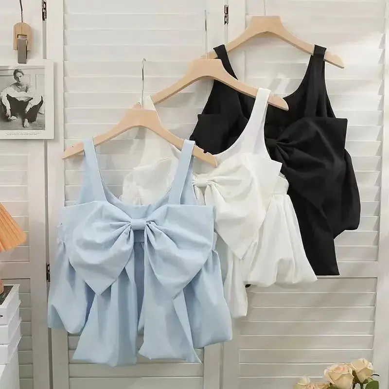 

Vest Girls Summer New Bow Short Camisole Shirt Backless Solid Color 2025 Childrens Clothing Pleated Sleeveless Simple