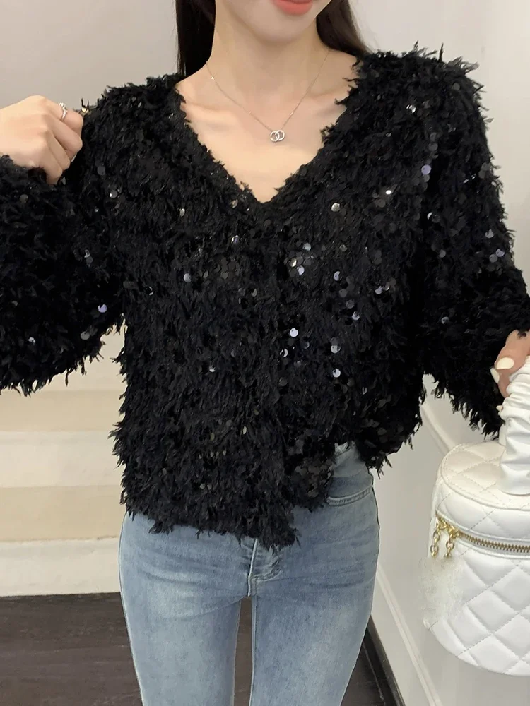 Pink Sequins Jacket Women 2023 Fashion Elegant V Neck Long Sleeve Feathers Coats Autumn Winter New Single Breasted Coat