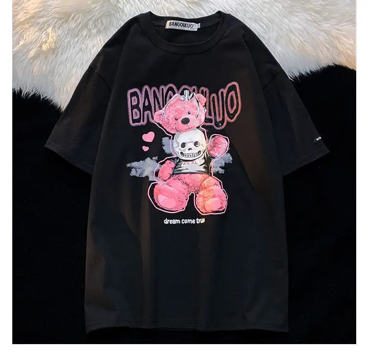 تي شيرت النساء فاسق Y2k بلايز الكرتون الدب تي شيرتات قصيرة الاكمام للرجال والنساء المد فضفاض الاتجاه زوجين Kawaii الملابس Harajuku