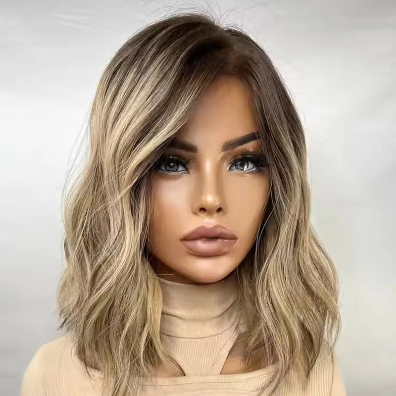 Authentic European Blonde Synthetic Wig Brown Root short wig Jewish Hair 13x4 Lace Front Wig For Women Daily Party Use