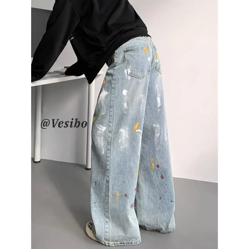 

American Style Street Printing Jeans for Men Loose Fit Versatile Design Sensibility Bell Bottoms Casual Scene 2025 Autumn Trendy