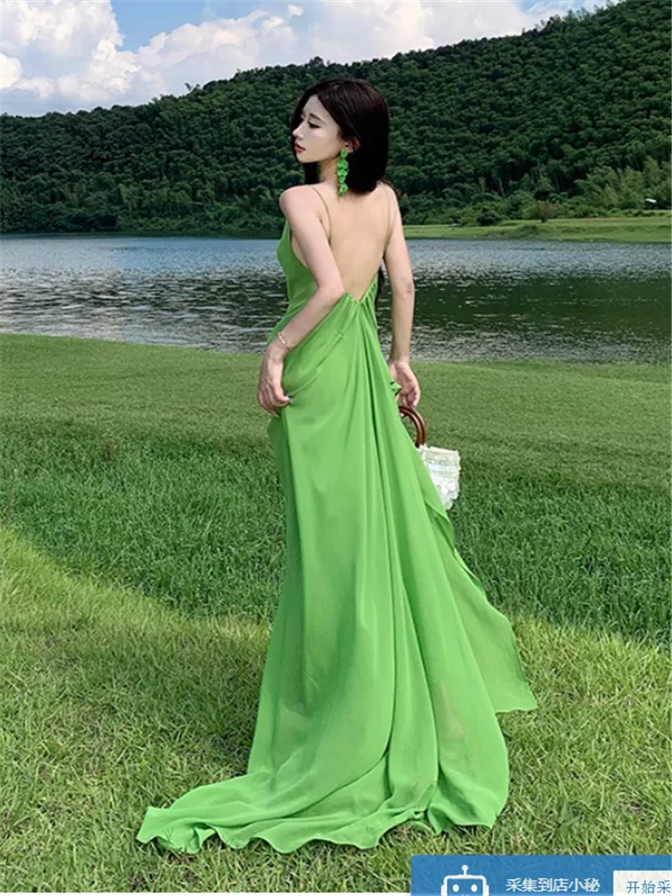 バックレスサマーグリーンメッシュフェアリーホリデーイレギュラーロングドレスノースリーブスイングカラーバケーションビーチフォトメッシュキャミソールドレス