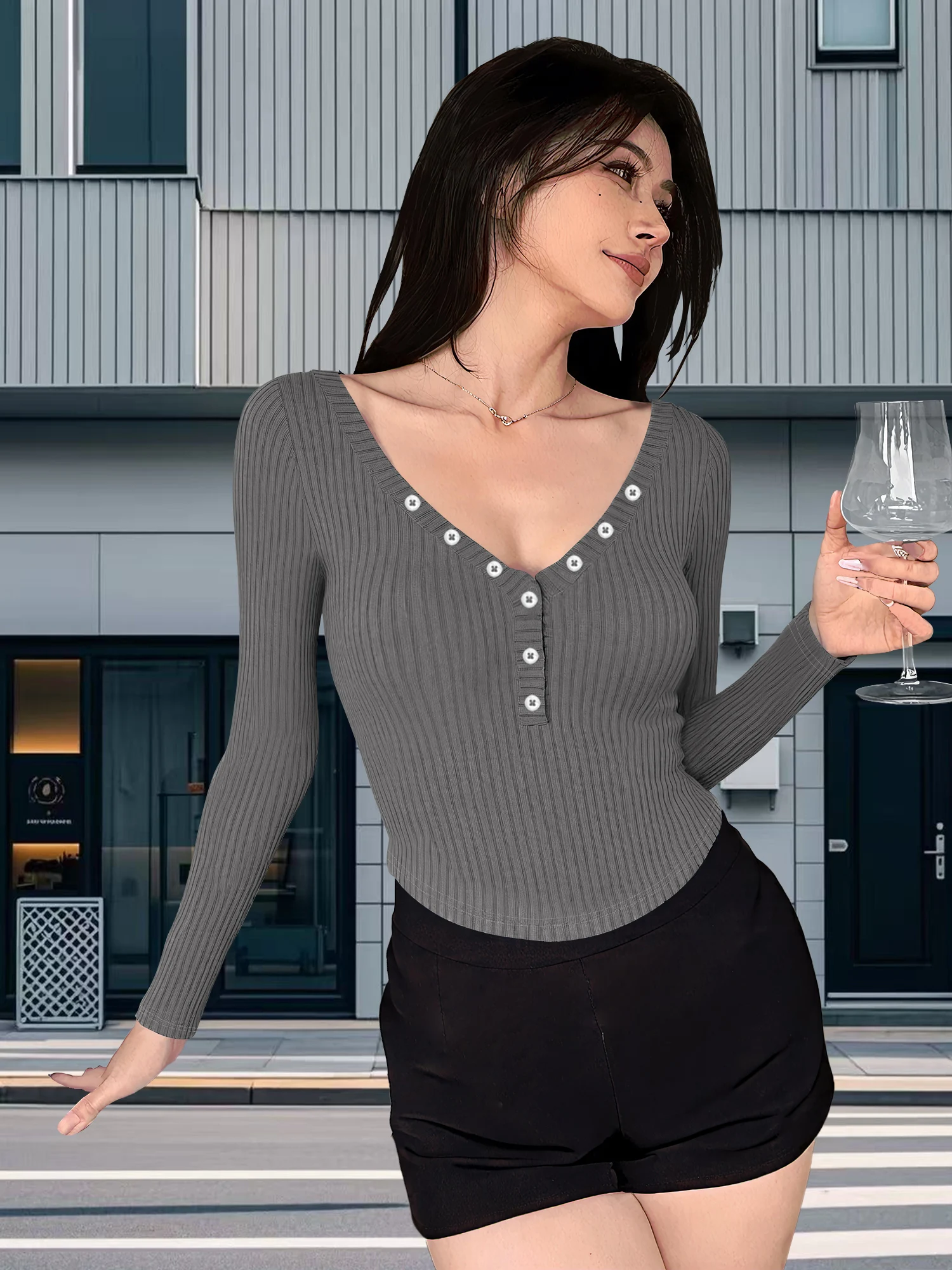 Elevated Work‑Wear Knit Long‑Sleeve Top, V‑Neck Henley Slim‑Fit Shirt for Business‑Casual Office Attire