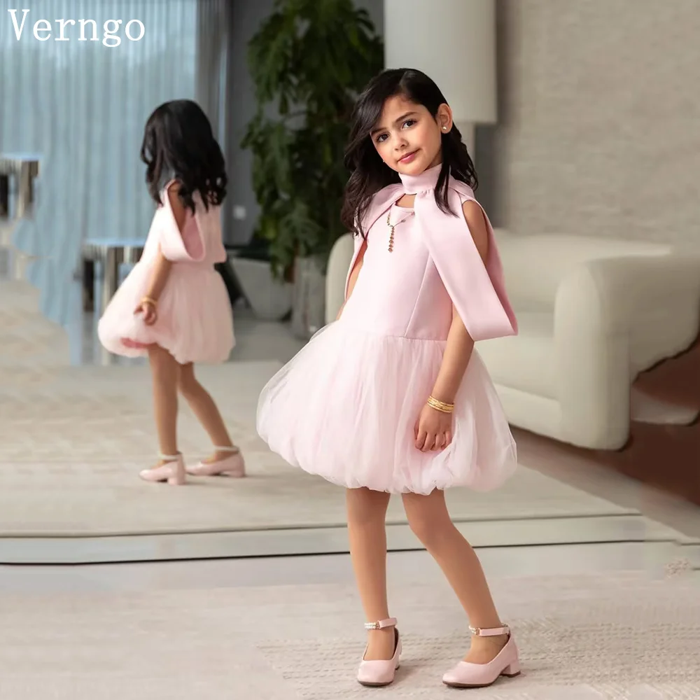 

Verngo Pink Satin Mini Girl Flowers Dress A Line Tiered Princess Birthday Party Dresses Elegant Short Kid Prom Gown Customized