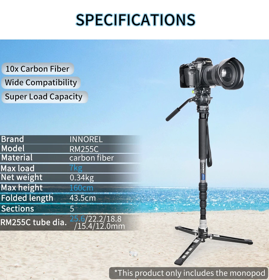 INNOREL RM255C Professionelles Carbonfaser-Einbeinstativ für Canon Nikon Sony DSLR-Kamera Videokamera 5-teilige Fotografiehalterung – Detail 2