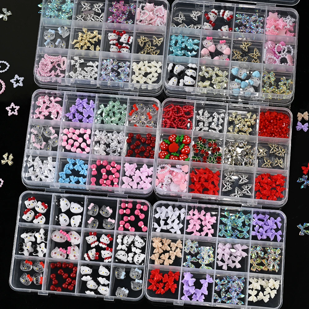 12Girds/Box Y2K Hello Kitty Nagelaccessoires Strik/Kers/Bloem Nail Gem Charms Kawaii Gemengde Manicure DlY Nagelonderdelen voor meisje