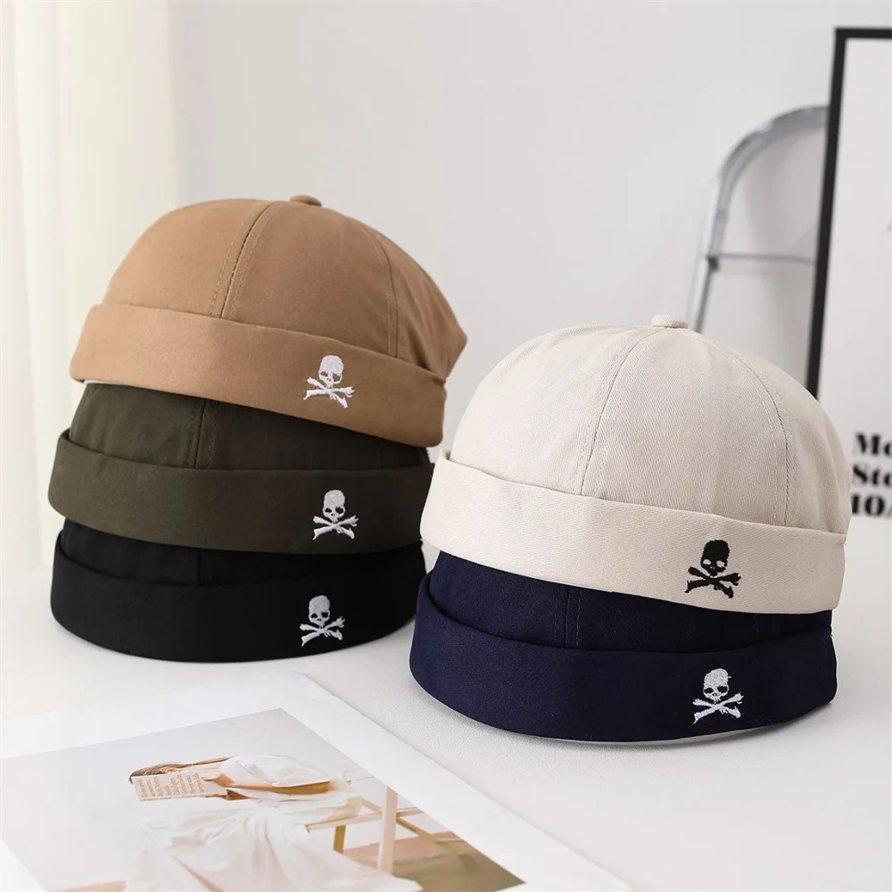 Modische Totenkopf-Stickerei Docker-Mützen Randlose Hüte Unisex Einfarbige Seemannsmütze Beanie Herren Damen Bucket Cap Verstellbare Dad Hat