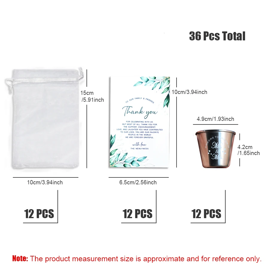 36pcs/set Wedding Shot Mugs Toasting Cup 12 Shot Mugs 12 Thank you cards 12 Organza Mesh Bags Wedding Party Oktoberfest Gift Set