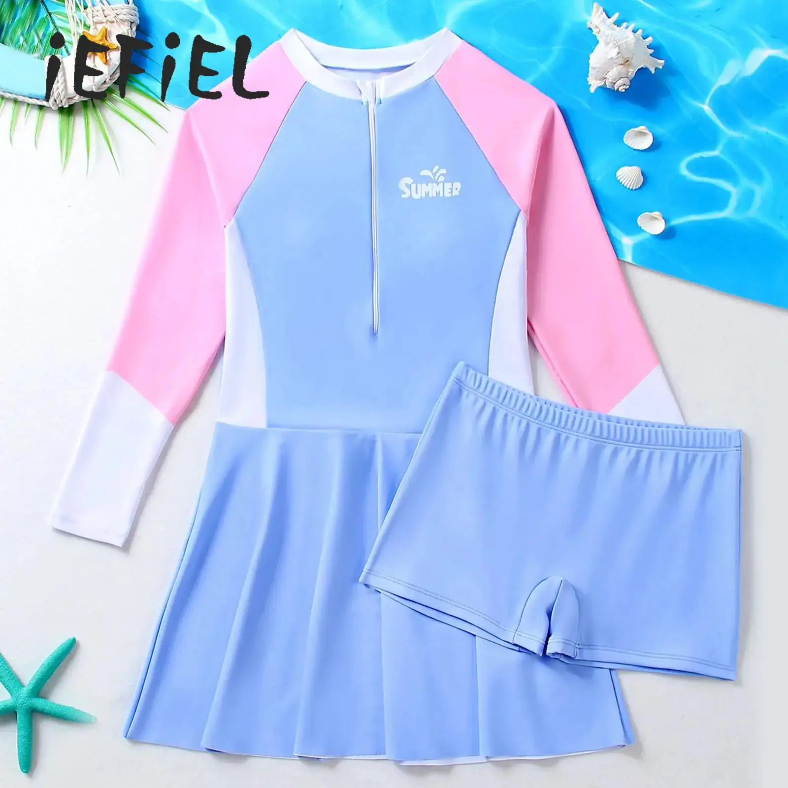 

2 Pieces Girls Swimsuit Kids Rash Guard Swimwear Long Sleeve Beach Dress with Shorts Children's Bathing Swimming Swim Suit