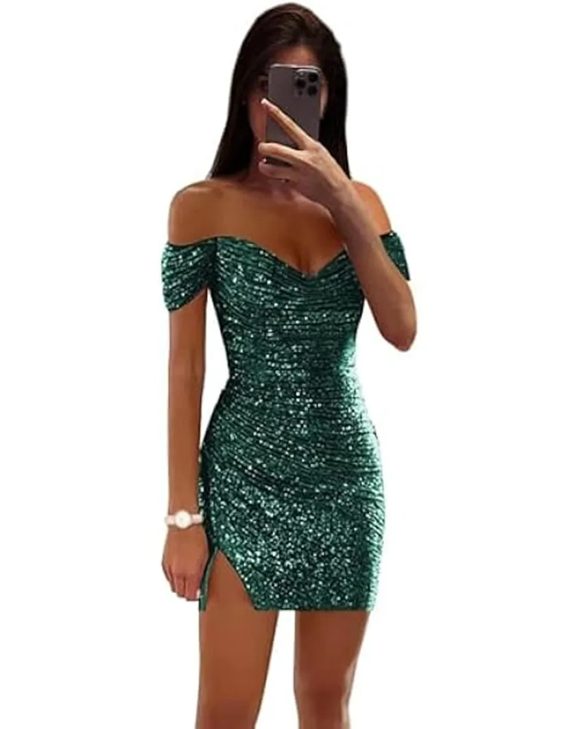 

Sparkling Short Evening Dress Off Shoulder Tight Bag Hip Mini Cocktail Party Dress Glitter Special Event Prom Dress Customized