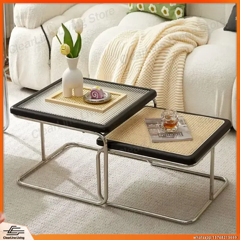 

Japanese Style Stainless Steel Retro Coffee Table Square Low Height Rattan Side Table for Living Room Small Apartment Glass