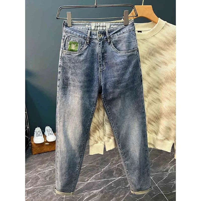 

Fall New Men's Slim Fit Nine-Tenths Jeans High-End Embroidery American Style Retro Washed Versatile Casual Straight Leg Pants