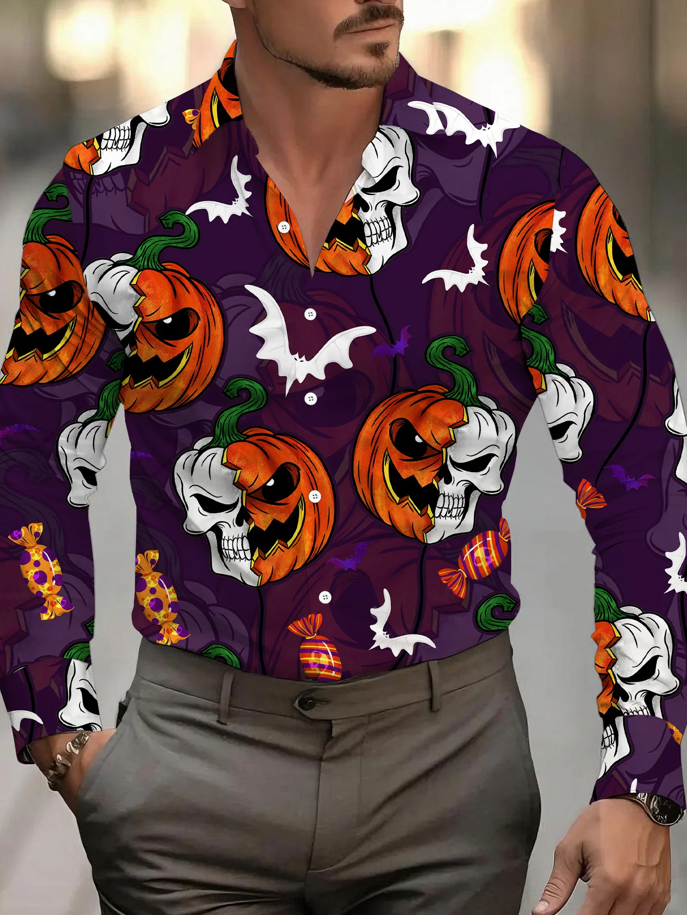 Men Long Sleeve Button Down Shirt Purple Halloween Pumpkin Skull Bat Print Polyester Lapel Collar Party
