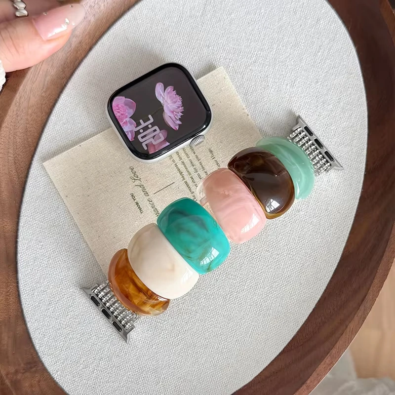 Stretchy Resin Bracelet Band for Apple Watch 40mm 44 42 46 41 45 49 Dyeing Acrylic Bead Strap for iWatch Series 12 10 9 8 Ultra3