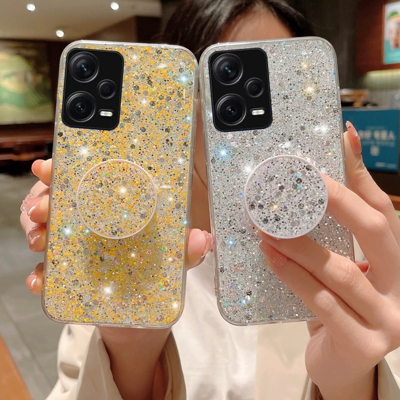 Shiny Glitter Gypsophila phone holder Case For Xiaomi POCO X5 X4 M4 Pro 5G Bling Gold Silver Foil Silicone Cover