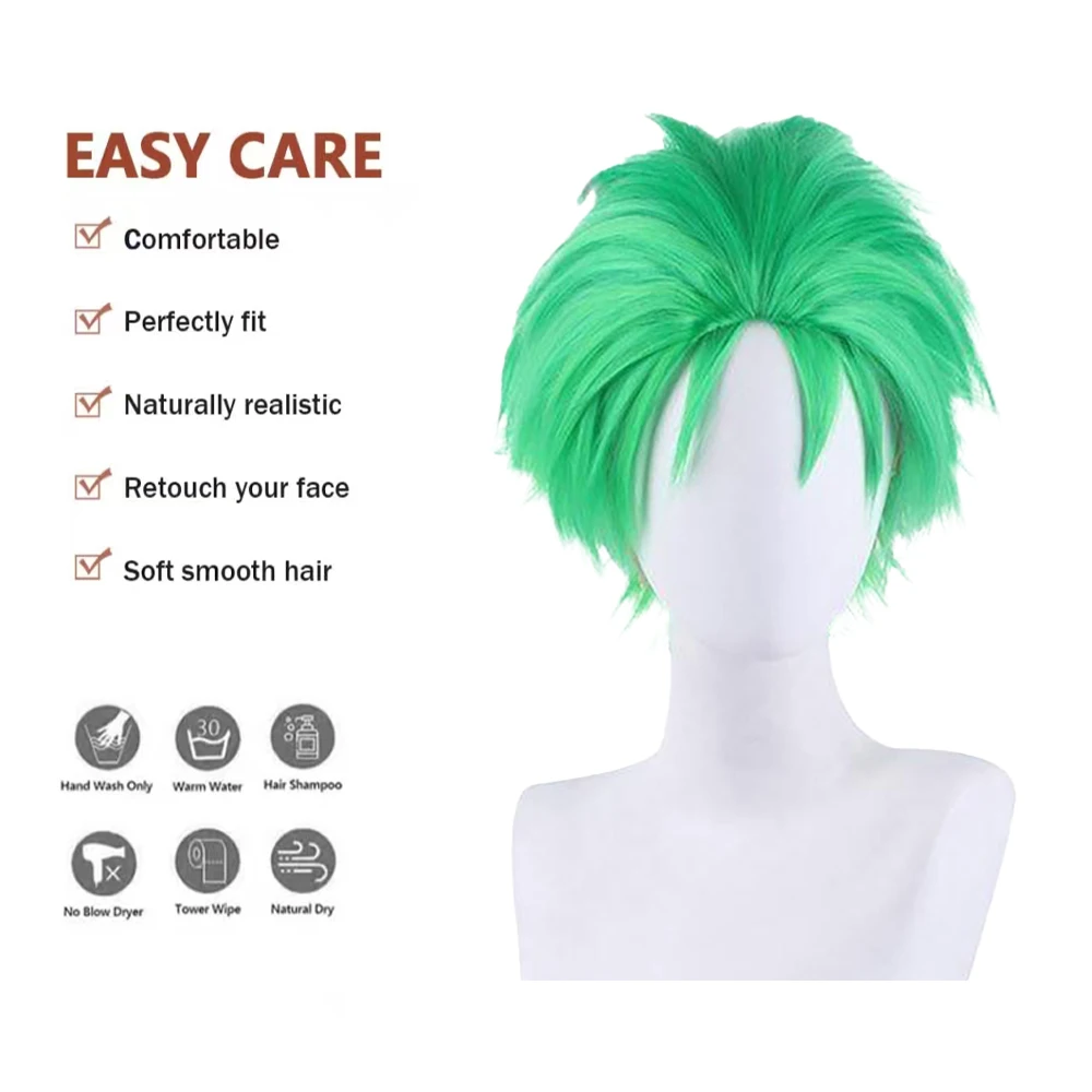 شريحة خضراء مقاس 10 بوصة من شعر الرسوم المتحركة Ronoya Zoro Cosplay الاصطناعي مناسبة لشعر مستعار لعب الأدوار اليومي في الهالوين #4