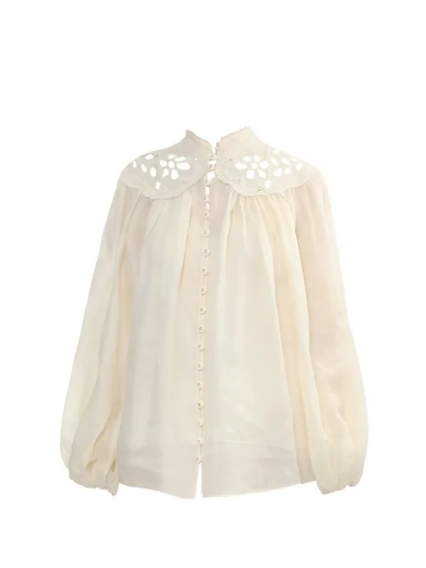 

Ele Long Sve Embroidered Cotton Linen irt High Quali Hollow out Design Women's Comfortable Breathable Loose Fit Top