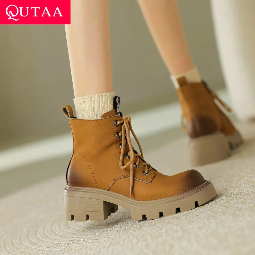 

QUTAA 2024 Women Ankle Boots Cross-Tied Genuine Leather Platforms Casual Thick Heels Motorcycle Shoes Woman Size 34-39