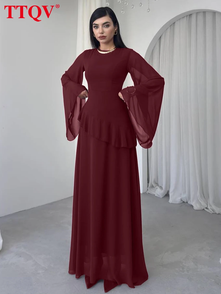 

TTQV Fashion Slim Wine Red Dresses For Woman 2026 Spring O-Neck Long Sleeve Maxi Dress Elegant Classic Ruffles Female Dress