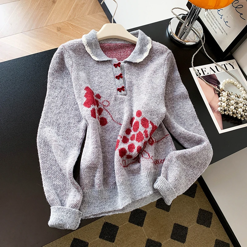 

Свободный длинный свитер с кружевной отделкой светом и воротником, женский осенне-зимний новый свитер, милый фиолетовый вязаный топ с цветочным узором в виде ape Bloom