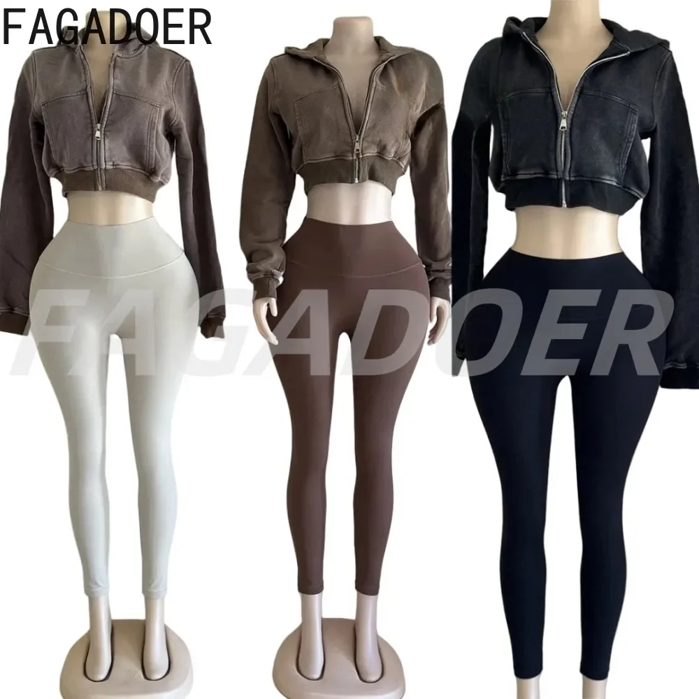 FAGADOER Quality Trendy 2 Piece Sets Women Outfit Zip Pocket Hoodie Crop Jacket and Elasticity Leggings Pants Suits Streetwear