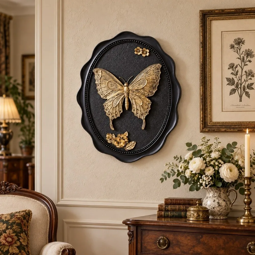 Resin Butterfly Wall Sculpture Hanging 3D Relief Wall Decor Plaque Wall Ornaments Oval Plaque Butterfly Wall Art